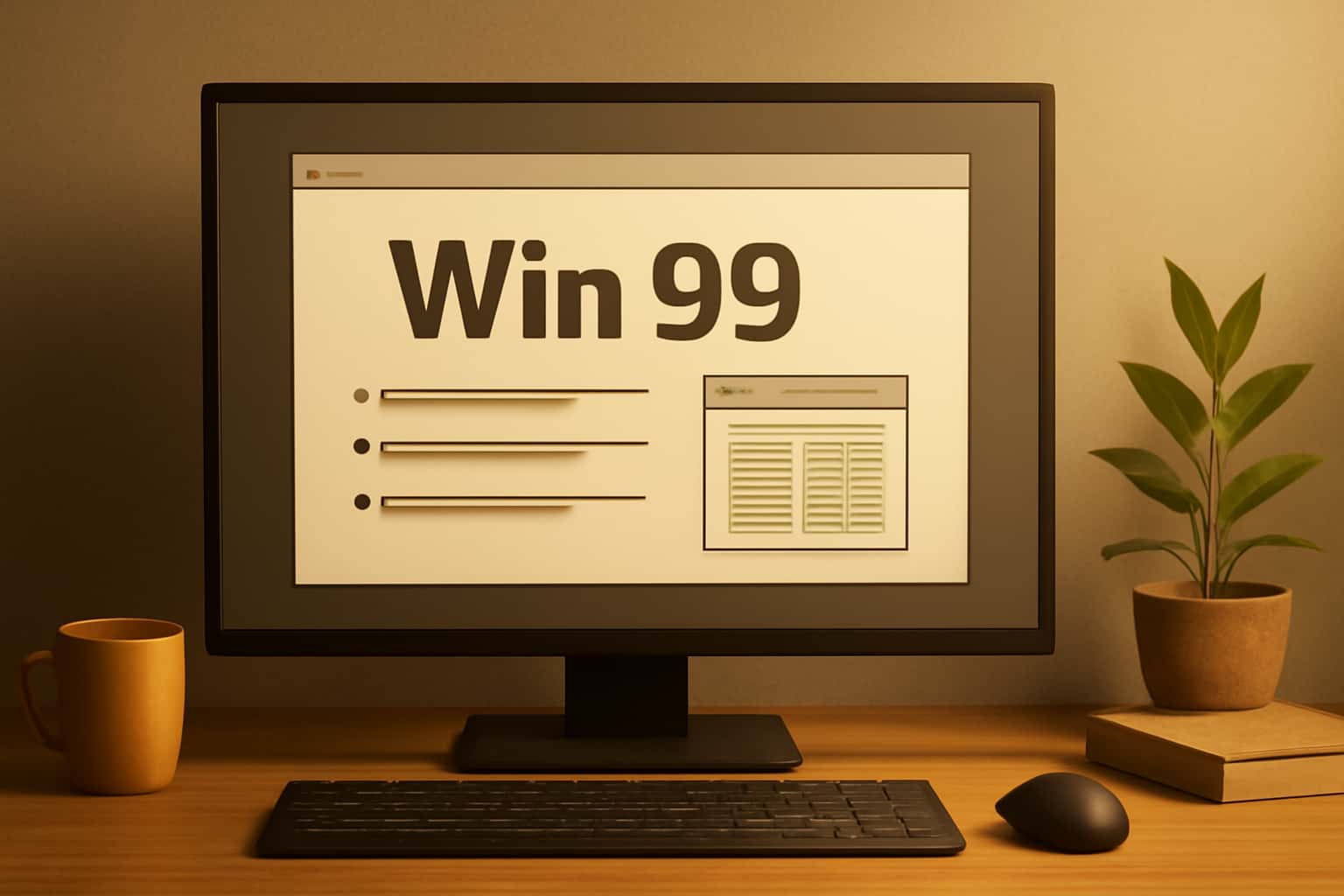 An informational scene showcasing the features of Win 99 with prominent text.