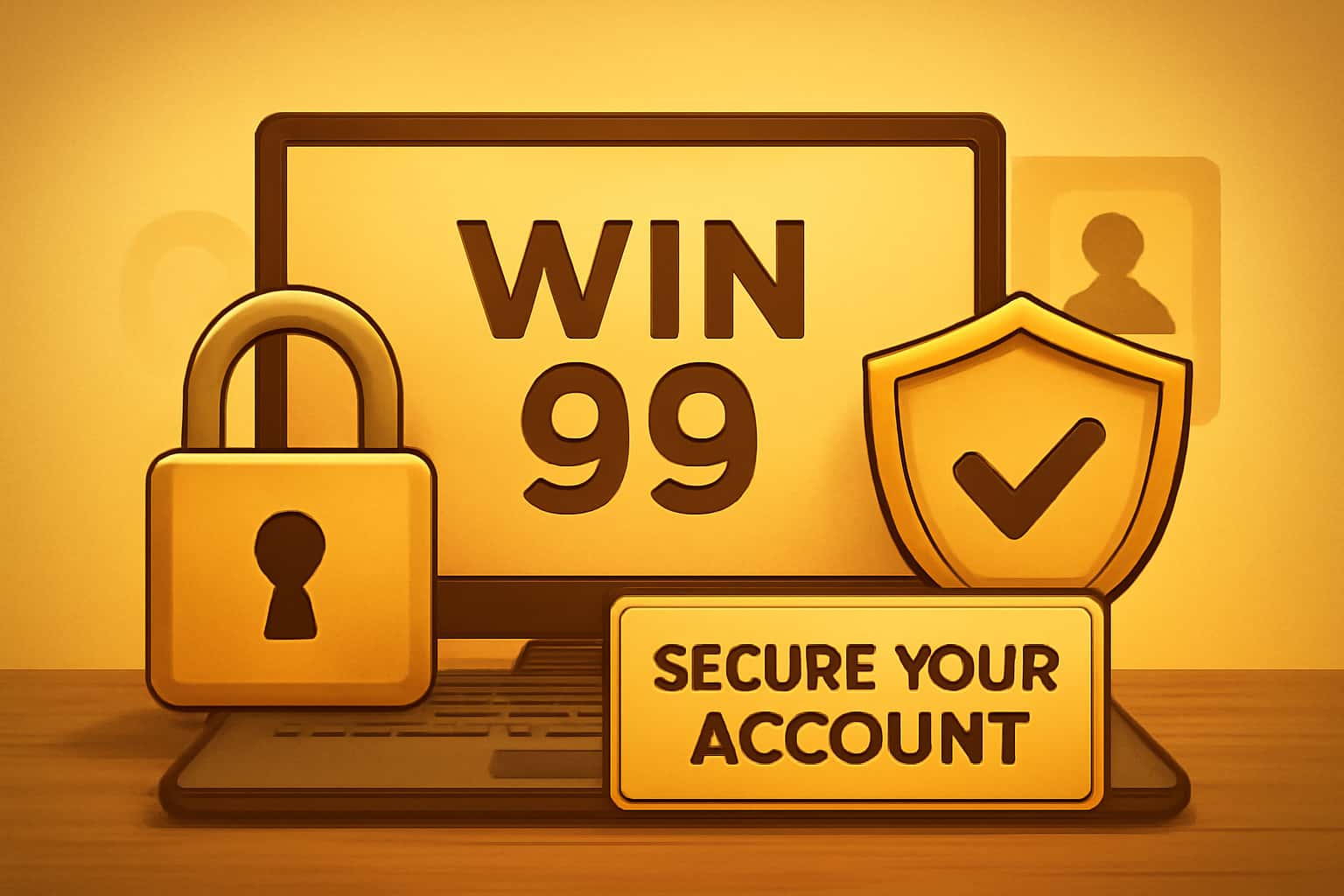 A futuristic depiction of secure account management with the text 'Win 99'.