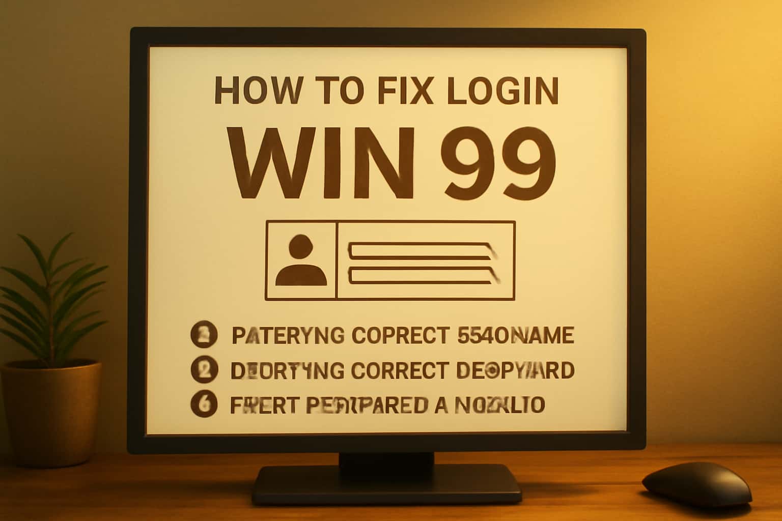 Informational scene depicting the process of fixing login issues for Win 99.